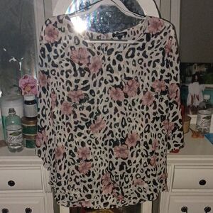 Roz & Ali Pink Floral and Black Leopard Print Blouse